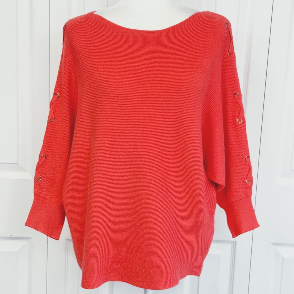 NWT Carmen Marc Valvo Poppy Ribbed Knit Lace Up Dolman Sweater 1X